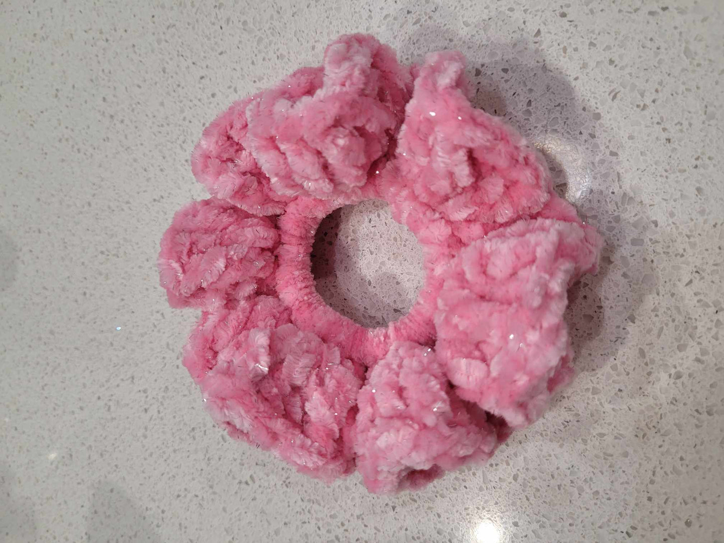 Crochet Pink Velvet Scrunchie with Sparkles